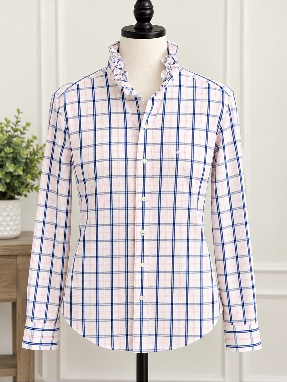 Izod Pink and Blue Plaid Ruffled-Collar Dress Shirt